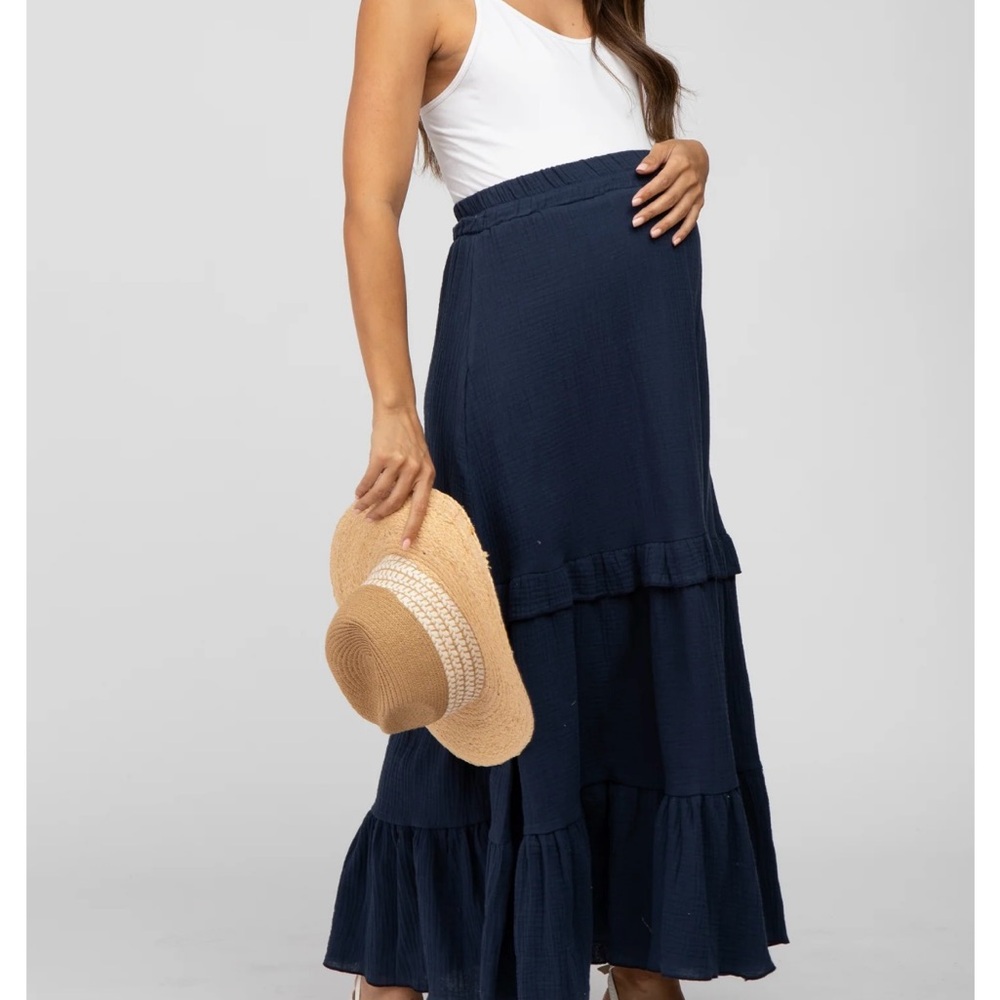 Pinkblush Navy Blue Cotton Gauze Ruffle Tiered Maternity Maxi Skirt